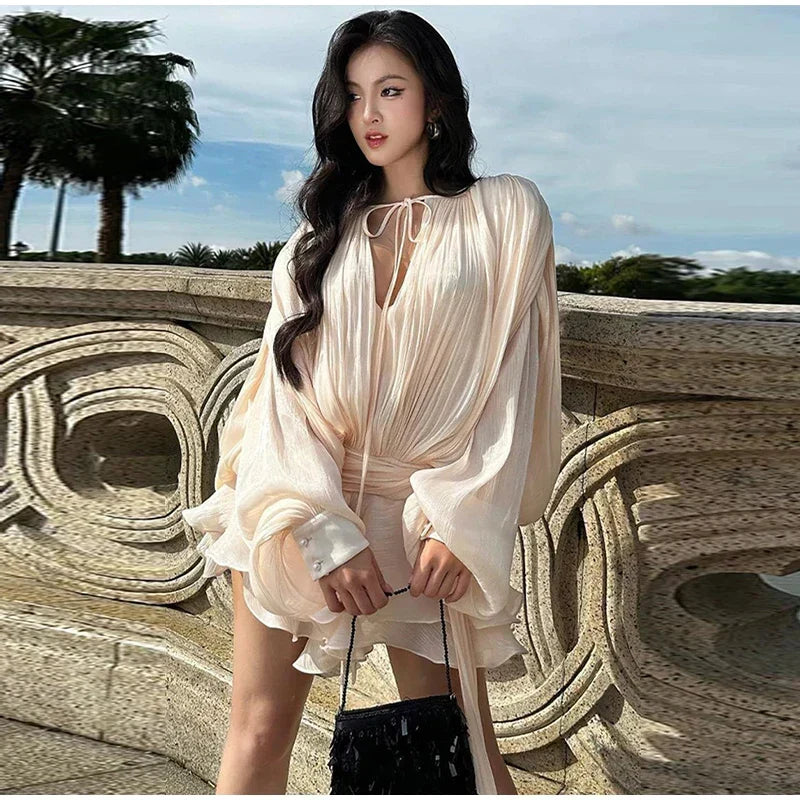Elegant V - Neck Lace - Up Summer Style Mini Dress - View 16