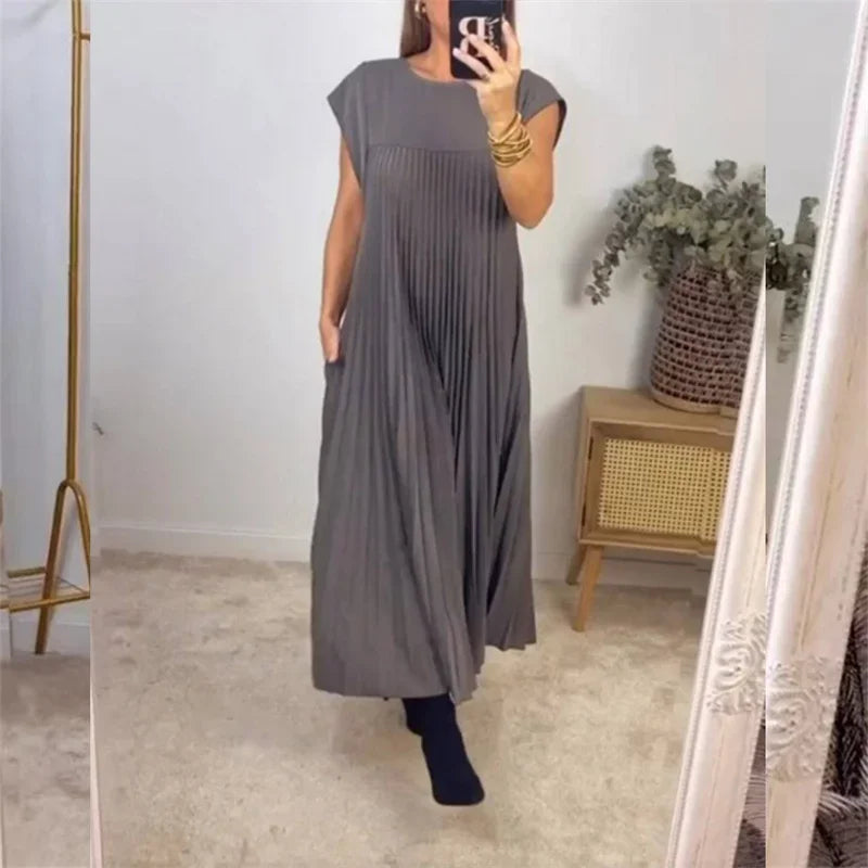 Sleeveless Crew Neck Accordion Pleat A-Line Maxi Dress - View 2