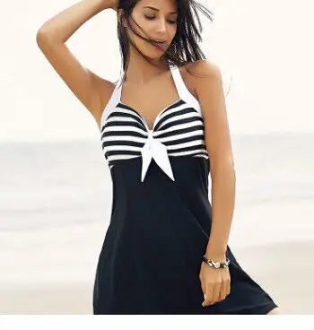 Striped Halter Neck Tie Front Swim Dress 4