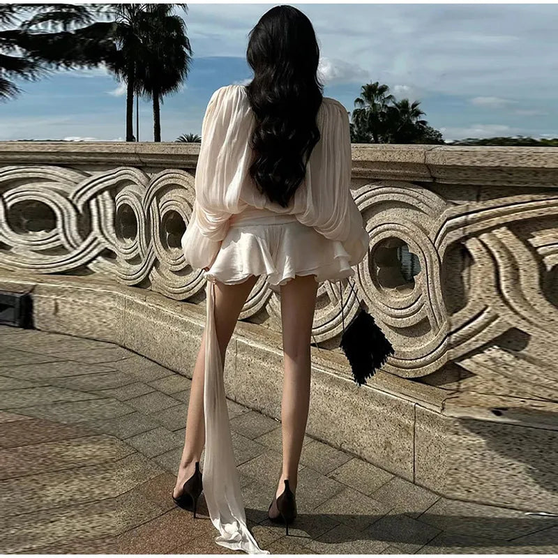 Elegant V - Neck Lace - Up Summer Style Mini Dress - View 21