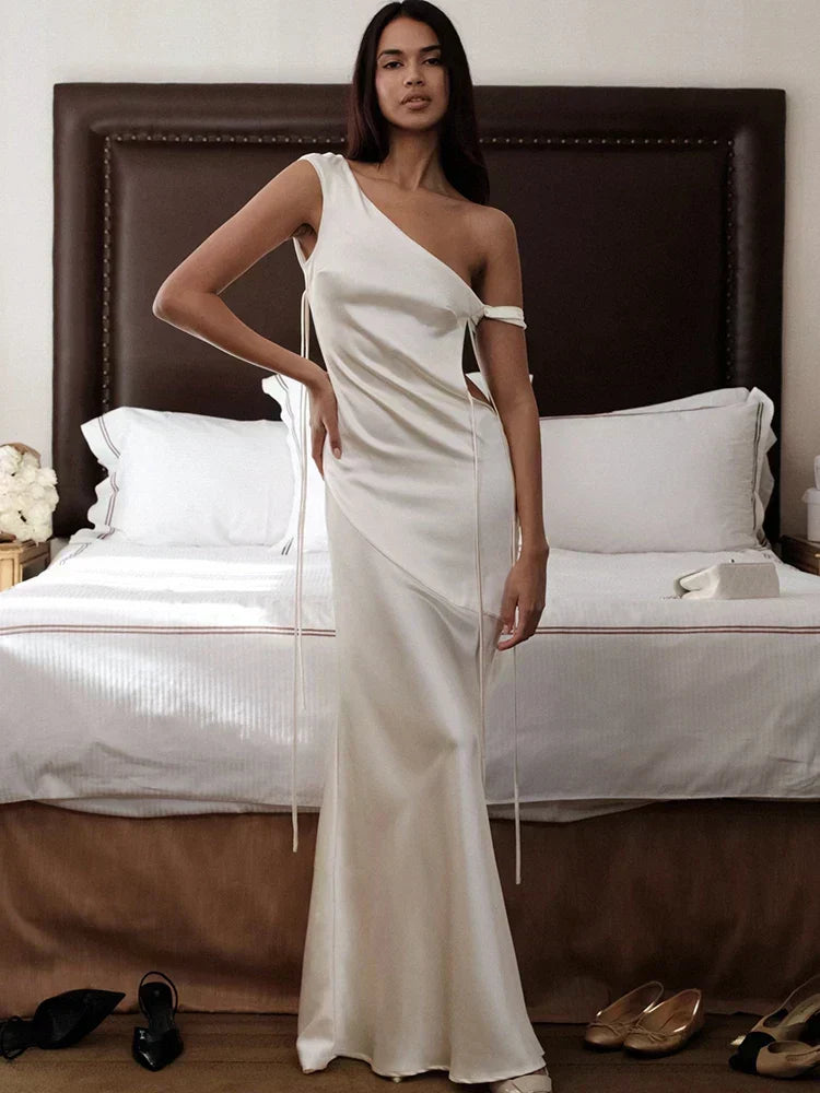 Satin Apricot Backless Long Dress