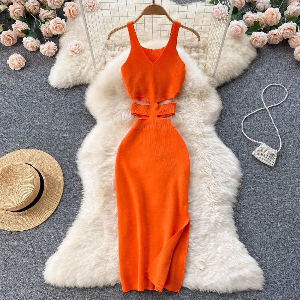 Rib Knit Deep V-Neck Waist Cut Out Side Slit Bodycon Midi Dress