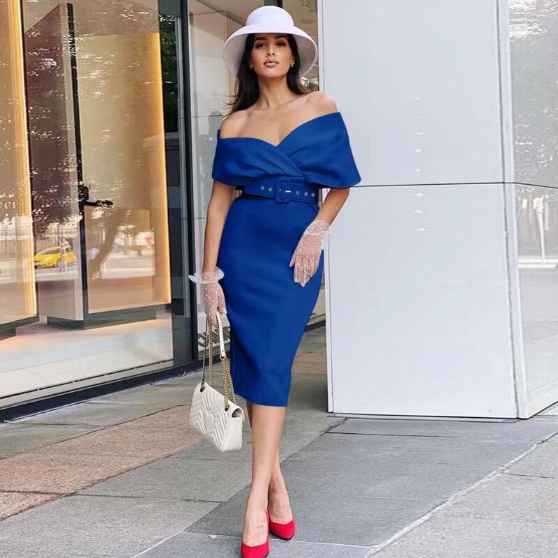 Off Shoulder Structured Collar Belted Bodycon Midi Cocktail Dress - View 3