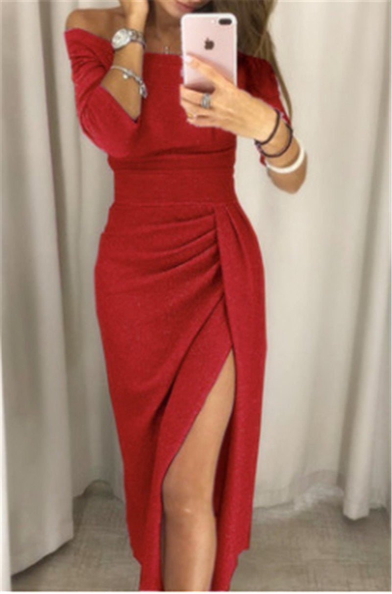 Glitter Off Shoulder Three Quarter Sleeve Ruched Wrap Midi Dress - View 9