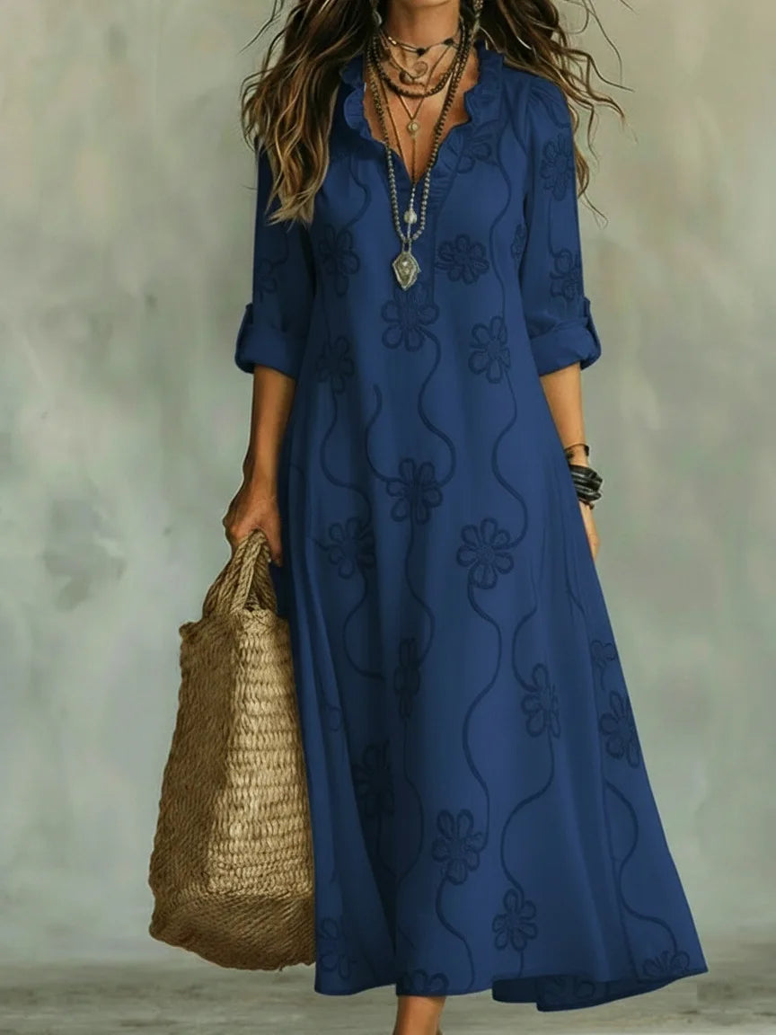 Split Neck Long Sleeve Floral Embroidered Maxi Dress 11