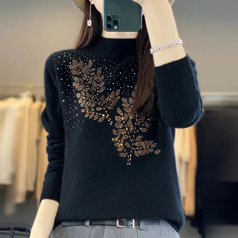 Mock Neck Long Sleeve Rhinestone Knit Sweater 3