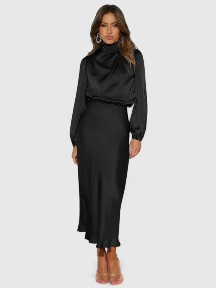Satin High Neck Long Sleeve Blouson Midi Dress 4