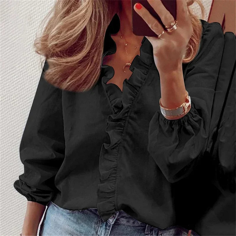 Ruffle Trim V-Neck Long Sleeve Blouse 4