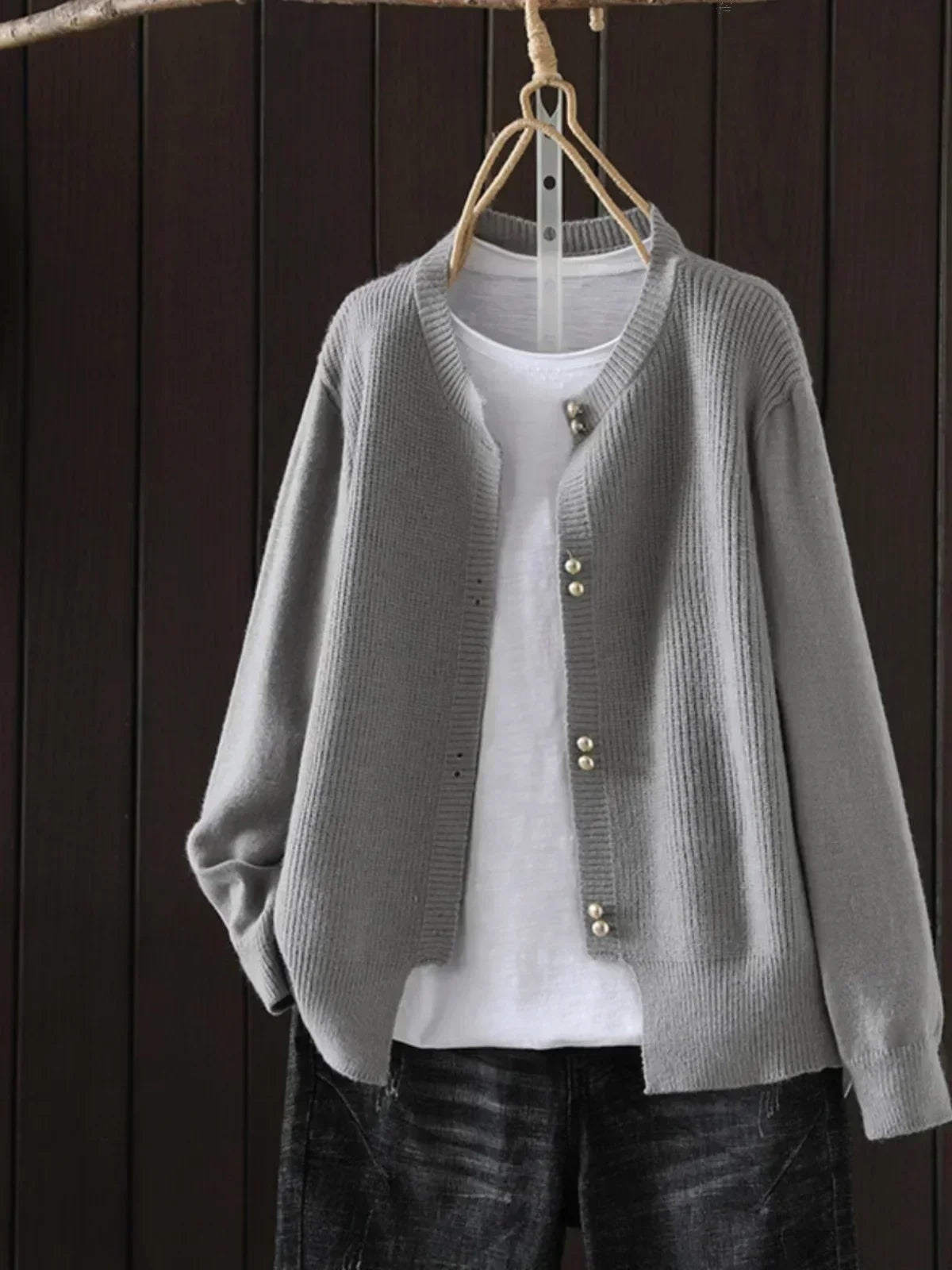 Round Neck Button Front Ribbed Knit Cardigan