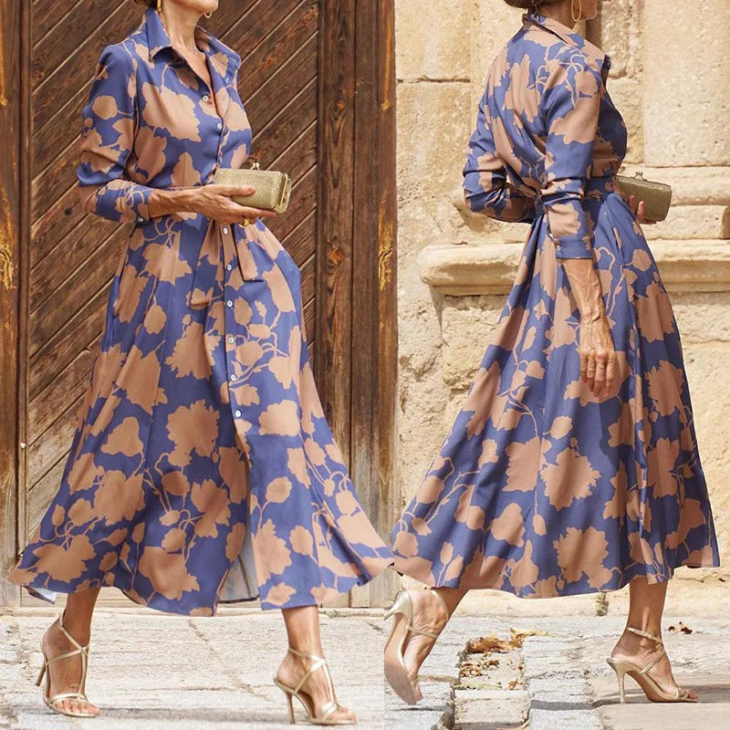 Leaf Print Collared Long Sleeve Button Front Maxi Shirt Dress 4