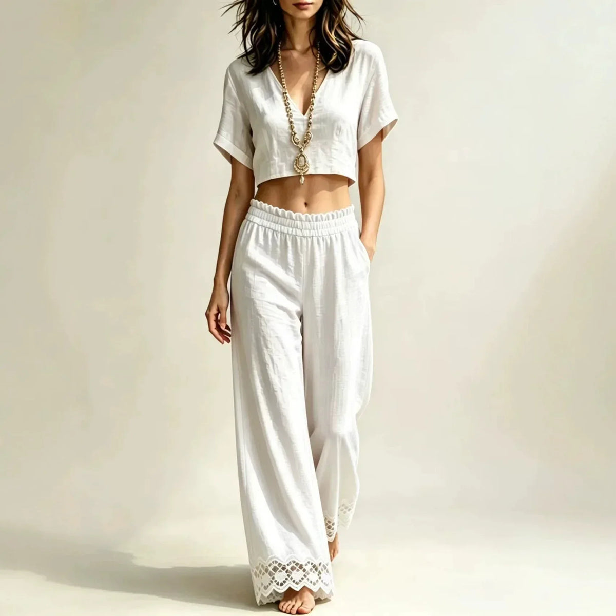 V-Neck Crop Top and Lace Trim Wide Leg Pants Two Piece Set