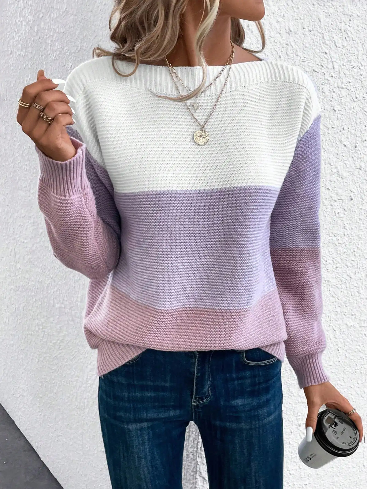 Boat Neck Drop Shoulder Colorblock Knit Sweater 3