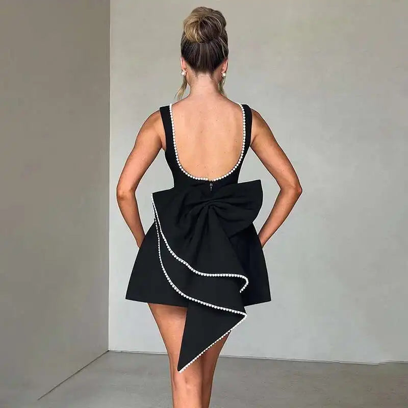 Pearl Bow Waist Wrap Backless Mini Dress - View 5