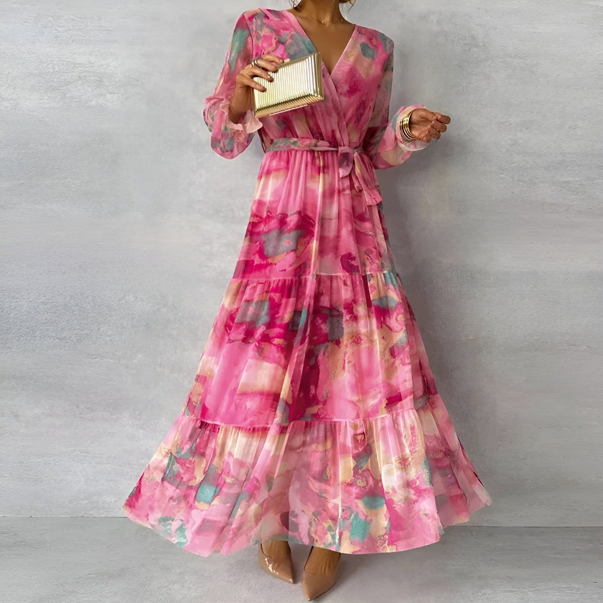 Floral Chiffon V-Neck Long Sleeve Tiered Maxi Dress