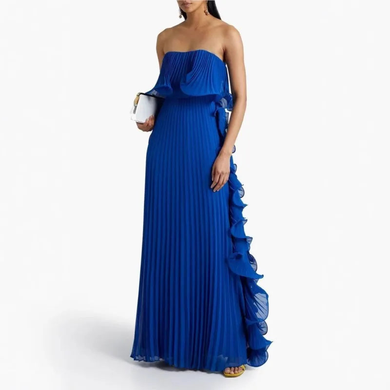 Pleated Chiffon Long Ruffled Strapless Dress - View 7