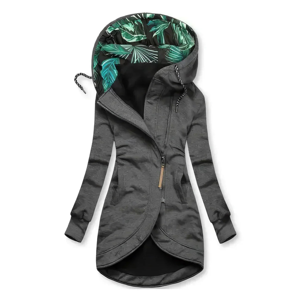 Hooded Zip Front Drawstring High Low Longline Jacket 3