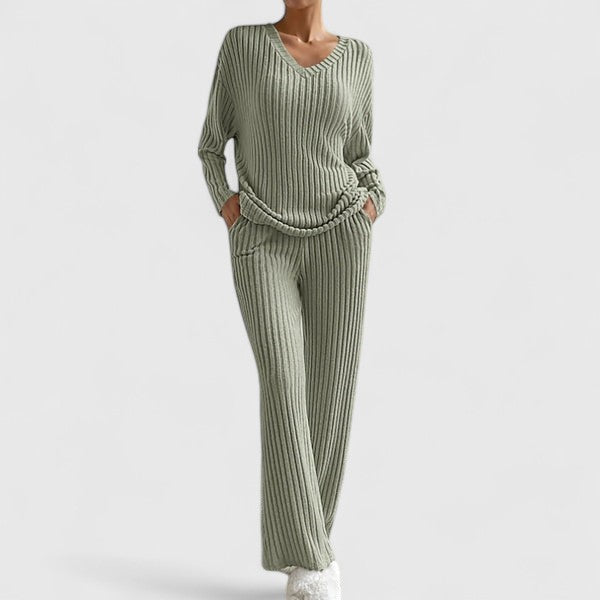 V-Neck Long Sleeve Ribbed Knit Top and Wide Leg Pants Two Piece Set 4