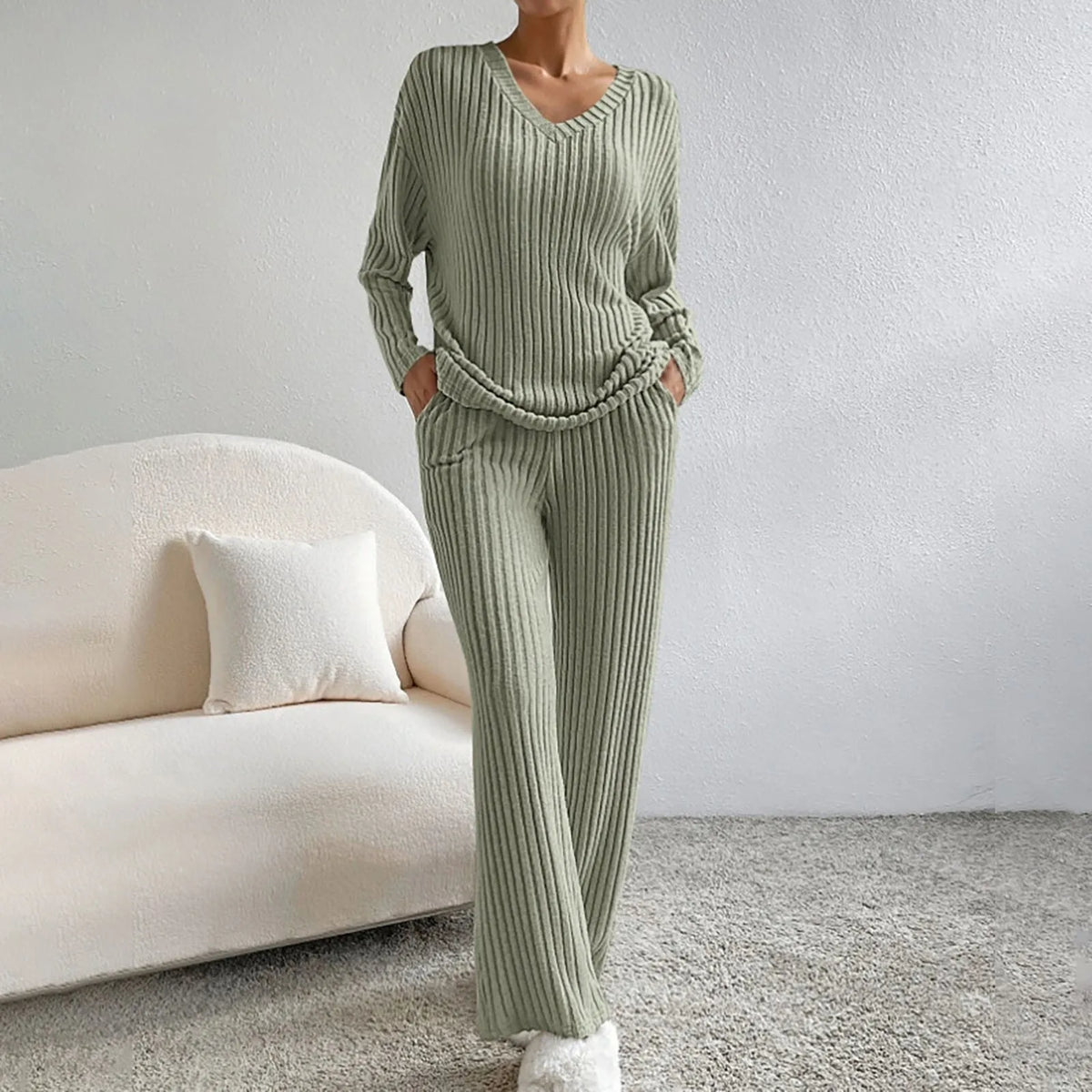 Ribbed Knit V-Neck Long Sleeve Top and Wide Leg Pants Two Piece Set 11