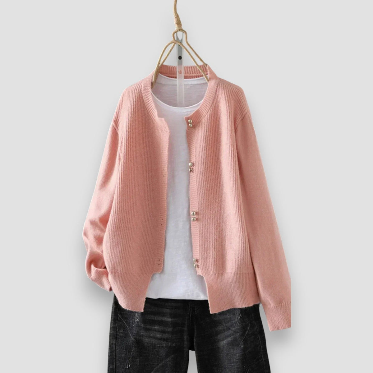 Crew Neck Button Front Ribbed Knit Cardigan 7