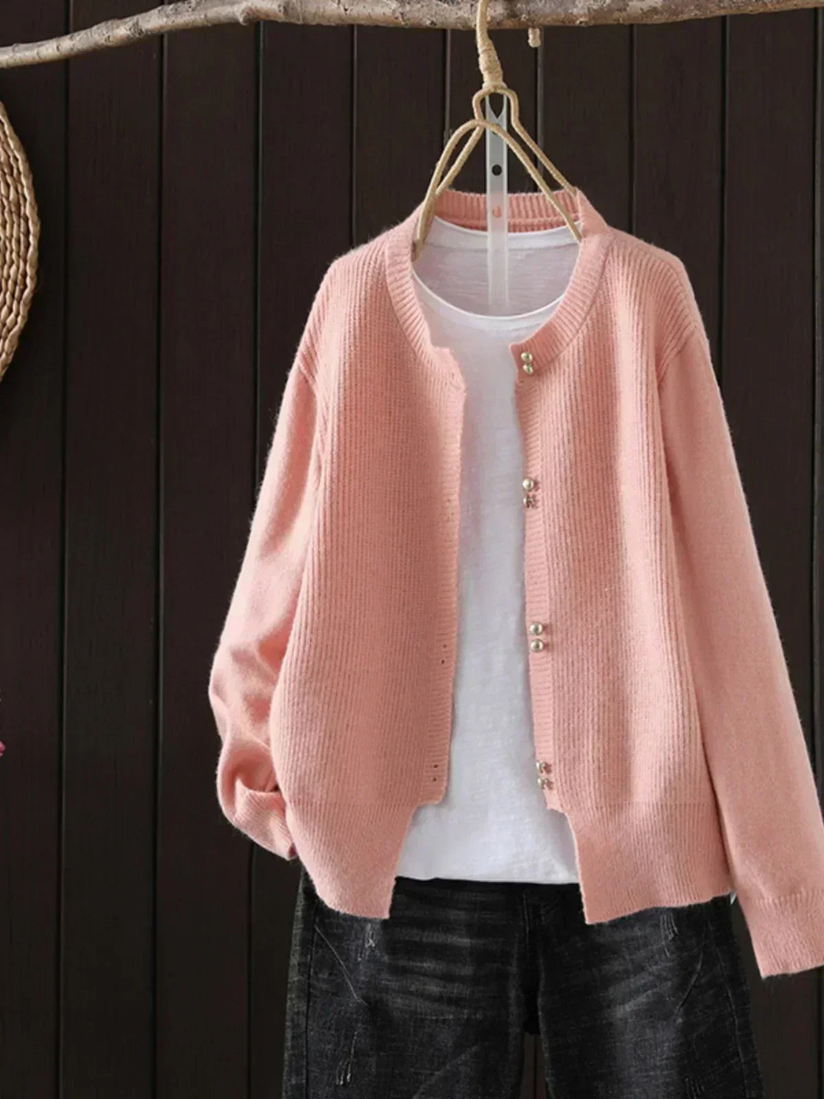Crew Neck Button Front Ribbed Knit Cardigan 3