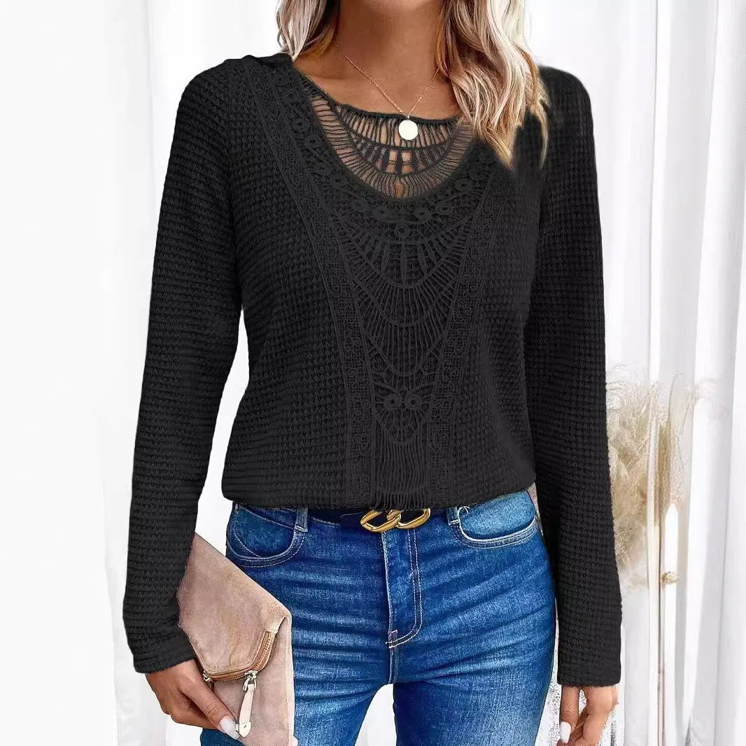Crochet Lace Panel Round Neck Waffle Knit Long Sleeve Top 2