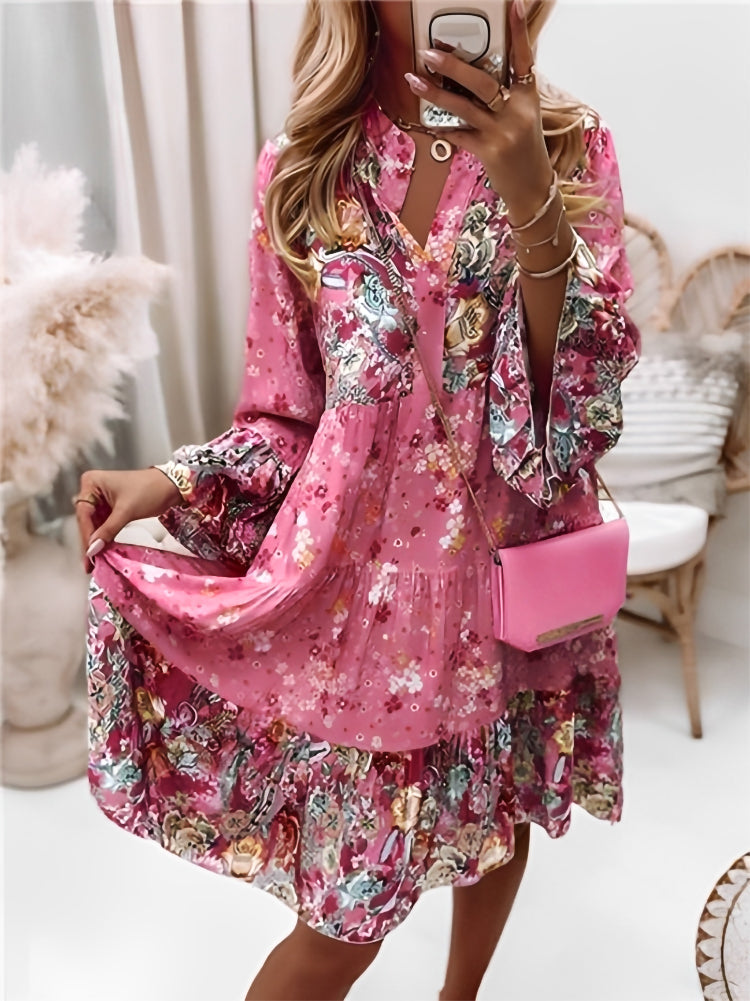 Long Sleeve V-Neck Tiered Ruffle Flounce Stand Collar Midi Dress - View 3