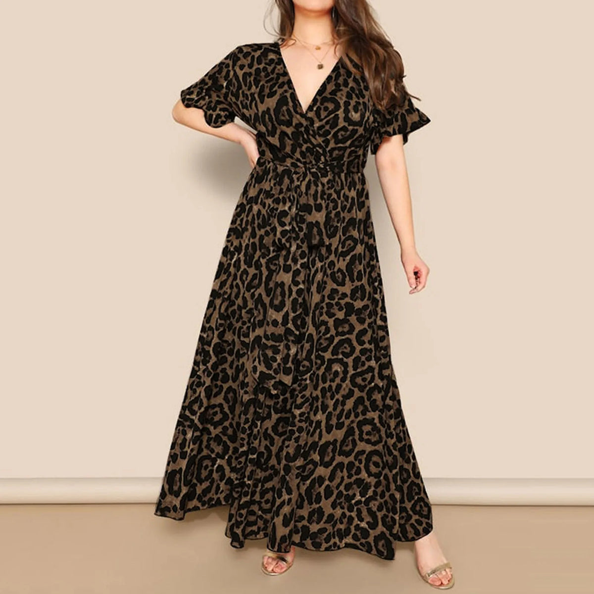Leopard Deep V-Neck Short Sleeve Wrap A-Line Maxi Dress - View 5