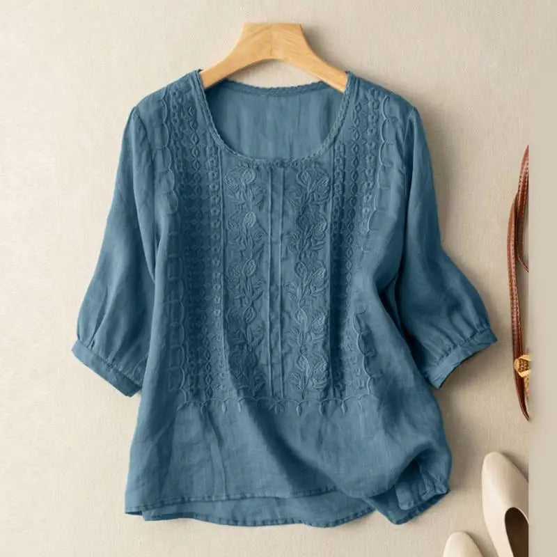 Round Neck Three Quarter Sleeve Embroidered Eyelet Blouse 3