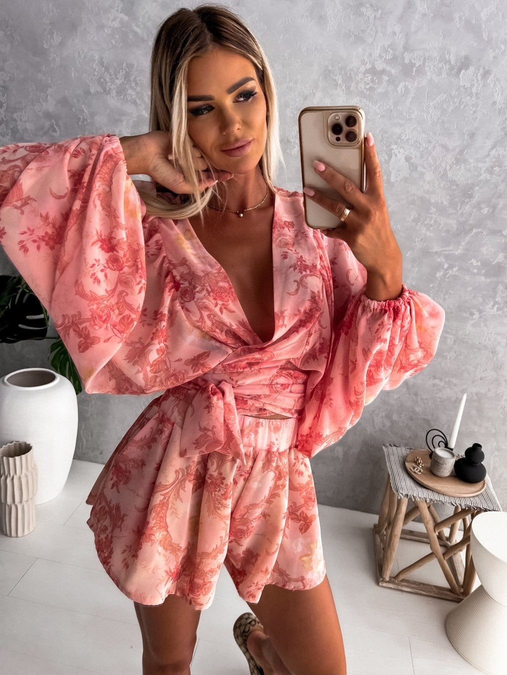 Floral Print Wrap Long Sleeve Ruffle A-Line Midi Dress - View 10