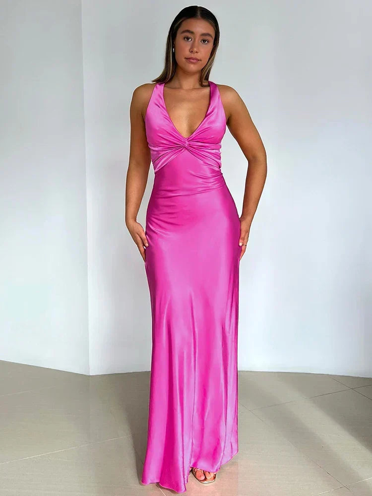 Satin V - neck Back Strappy Bow Maxi Dress - View 3