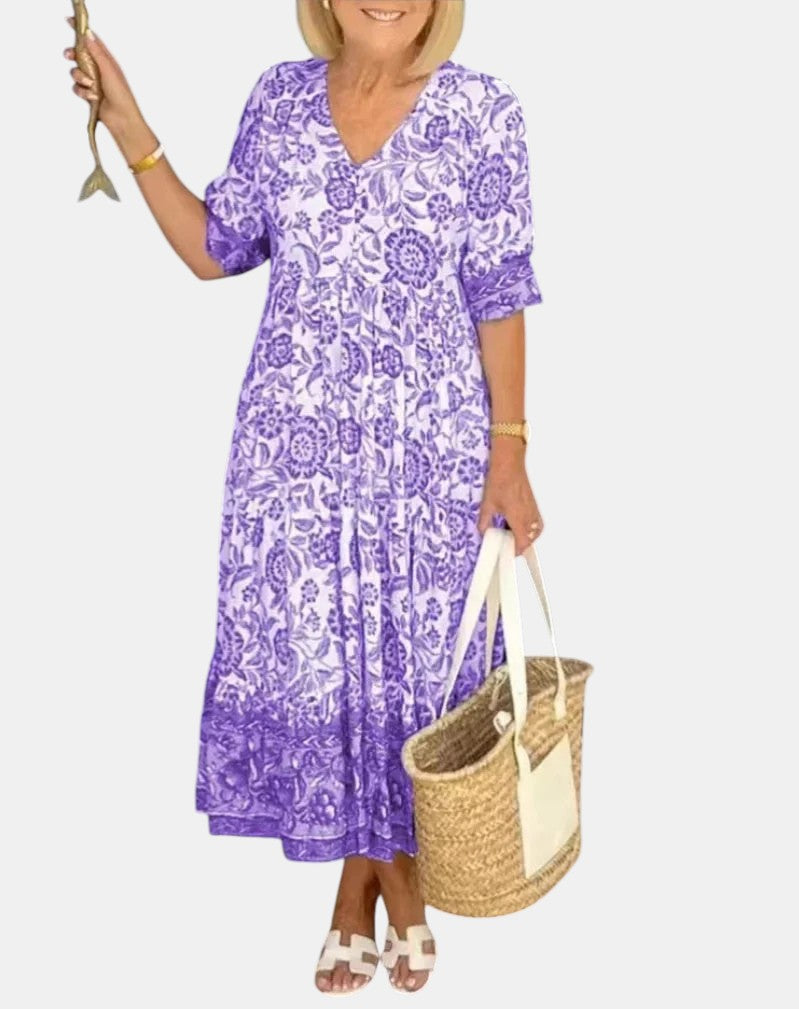 V-Neck Short Sleeve Floral Print Tiered Maxi Dress 3