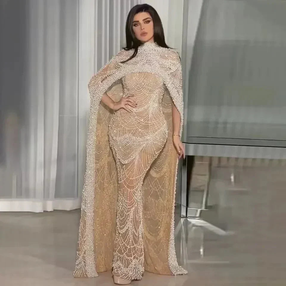 Beaded High Neck Cape Sleeve Sheer Mermaid Gown - View 4