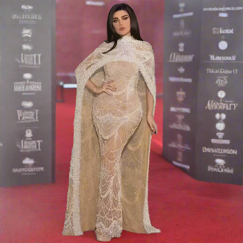 Beaded High Neck Cape Sleeve Sheer Mermaid Gown - View 2