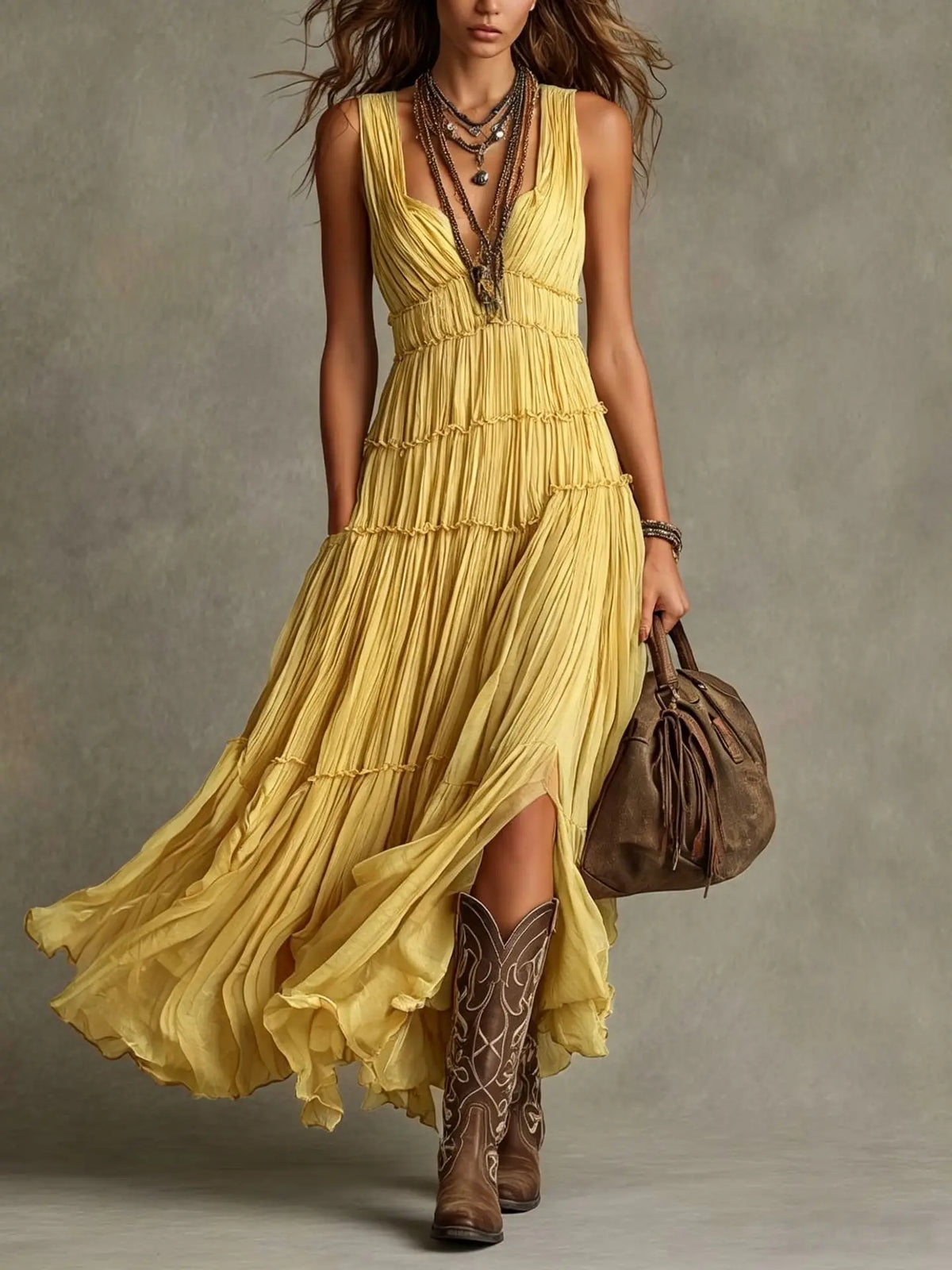 Pleated V-Neck Sleeveless High Split Tiered Maxi Dress 2