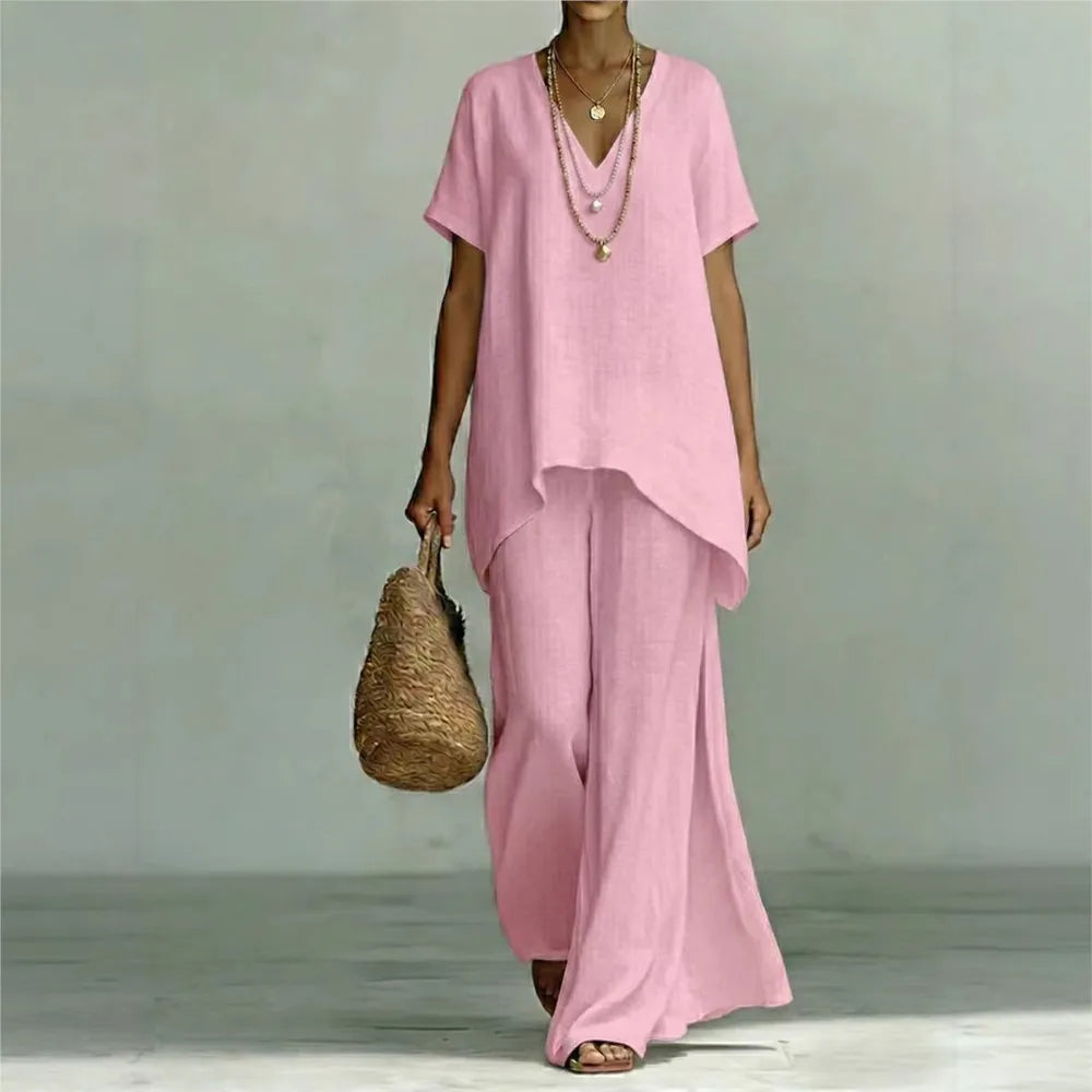 V-Neck Short Sleeve High Low Top and Wide Leg Pants Two Piece Set 2