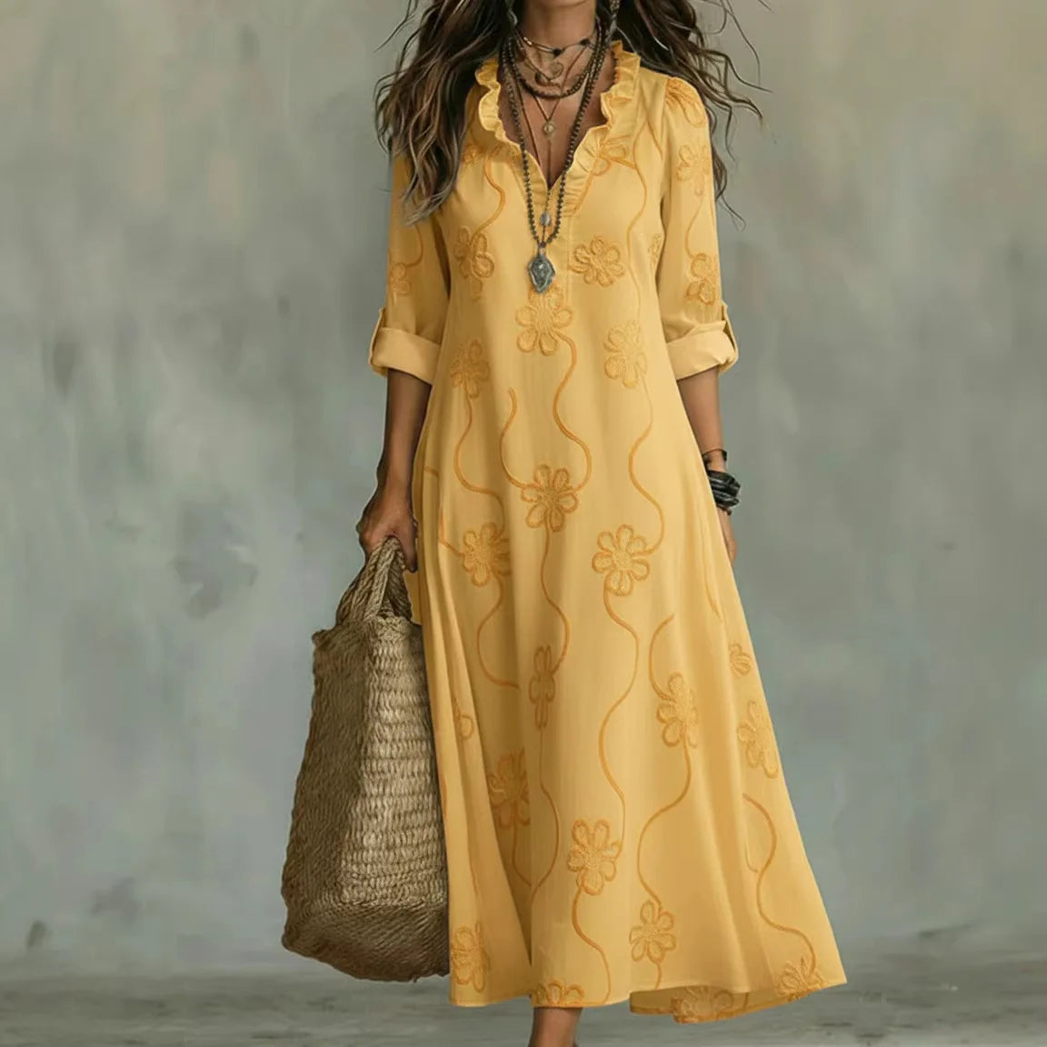 Split Neck Long Sleeve Floral Embroidered Maxi Dress 4