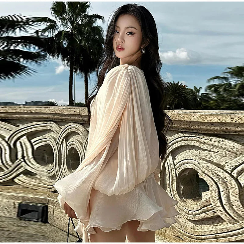 Elegant V - Neck Lace - Up Summer Style Mini Dress - View 19