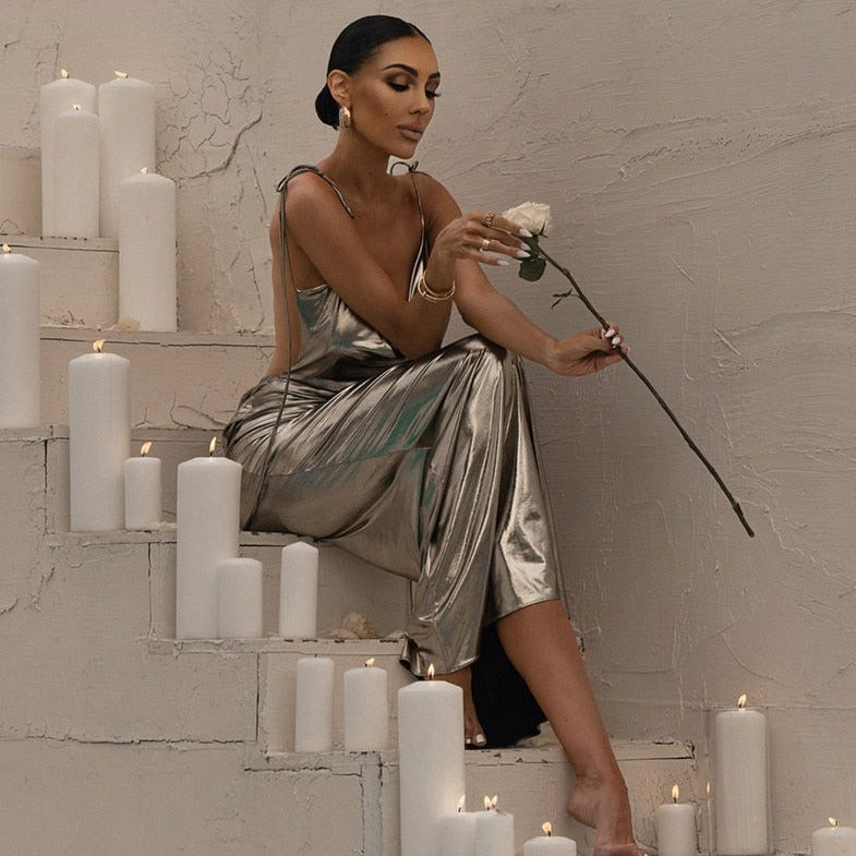 Glossy Soul Metallic Backless Maxi Dress - View 2