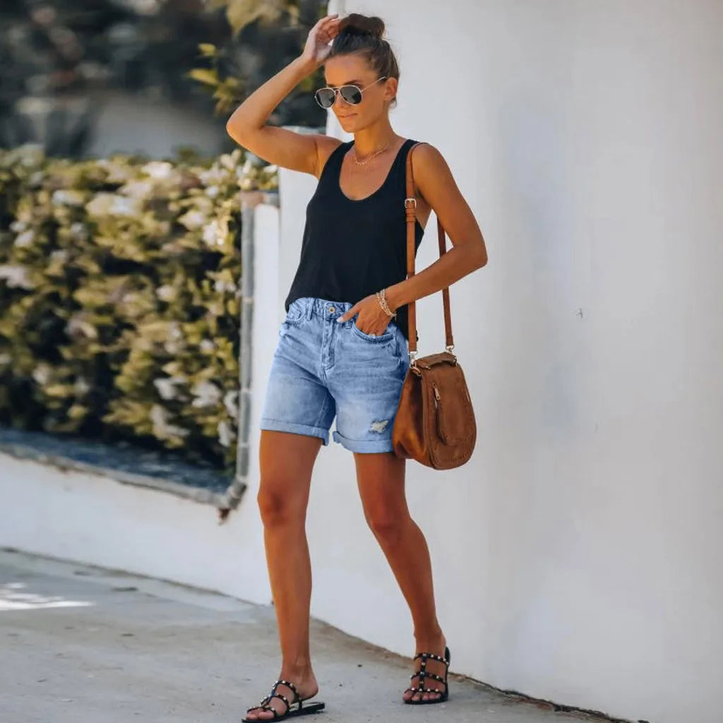 High Waist Distressed Rolled Hem Denim Shorts 2