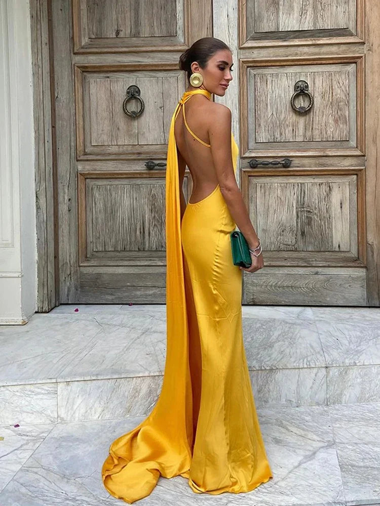 Yellow Satin Backless Lace - Up Off - Shoulder Maxi Dress - View 2