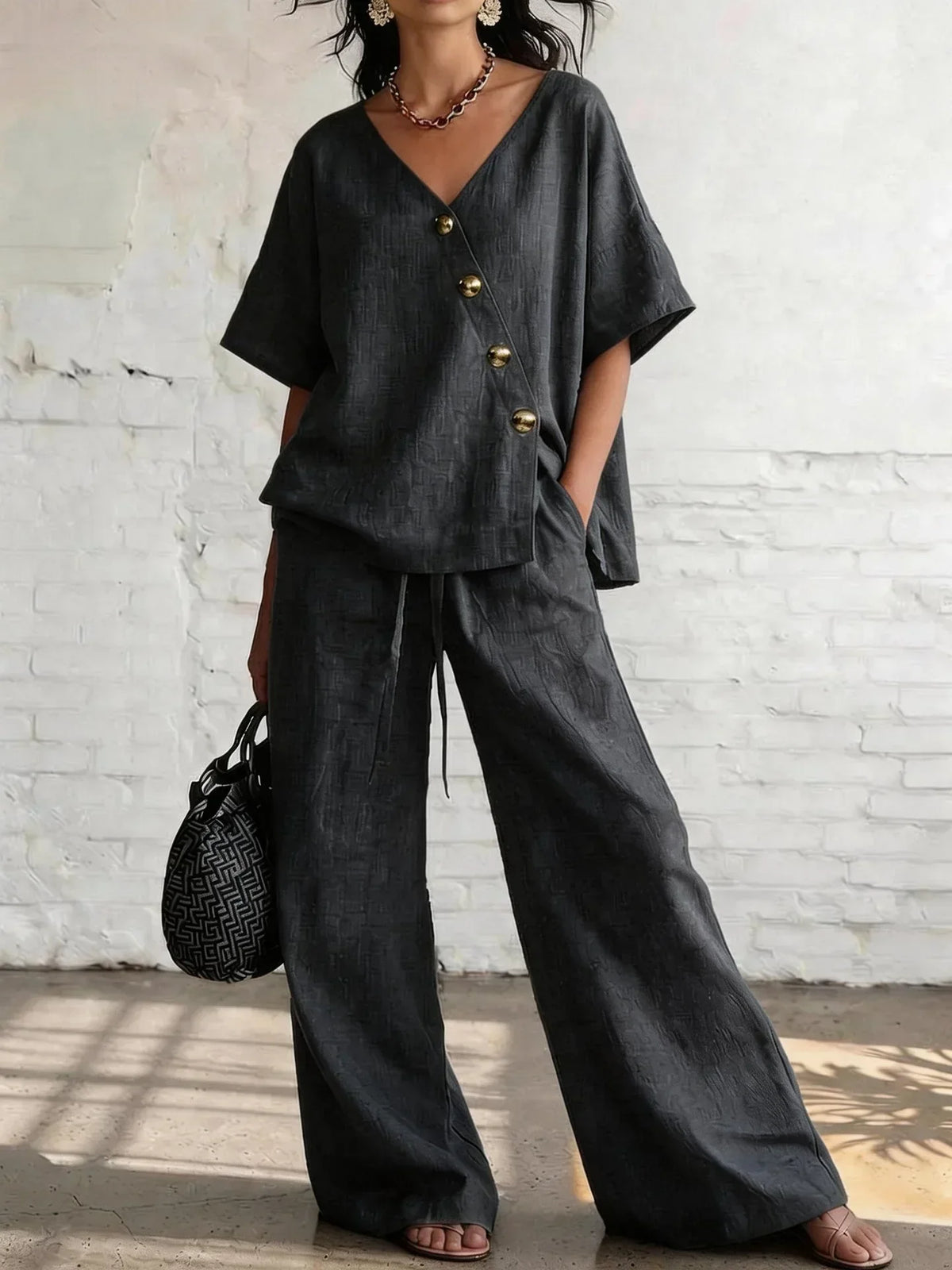 V-Neck Short Sleeve Button Top and Wide Leg Pants Two Piece Set 2