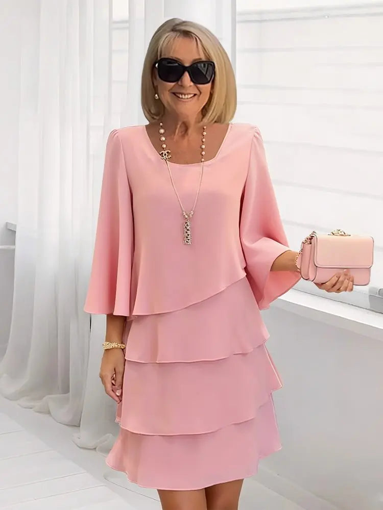 Square Neck Bell Sleeve Tiered Ruffle Chiffon Dress