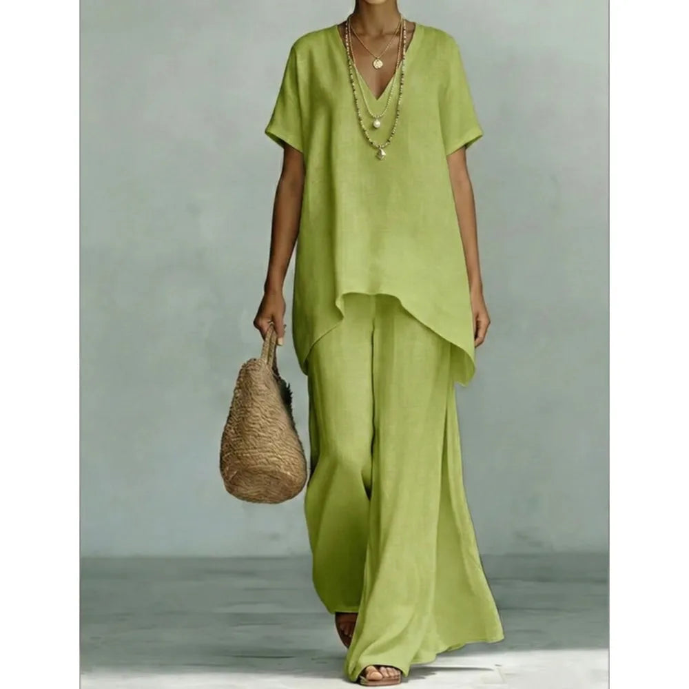 V-Neck Short Sleeve High Low Top and Wide Leg Pants Two Piece Set 5