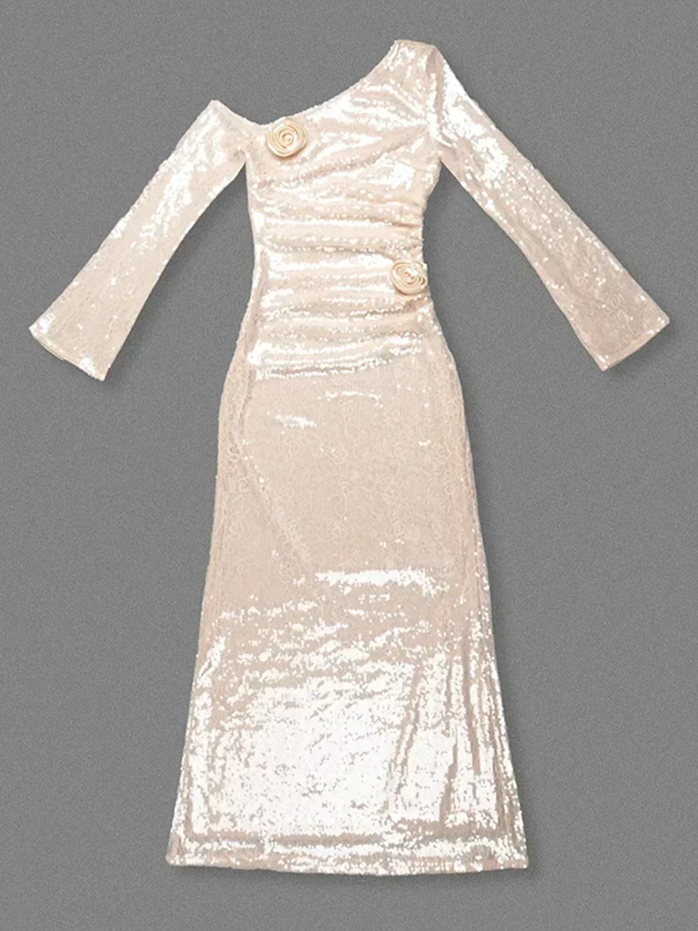 Sequin One Shoulder Long Sleeve 3D Floral Bodycon Maxi Dress - View 8
