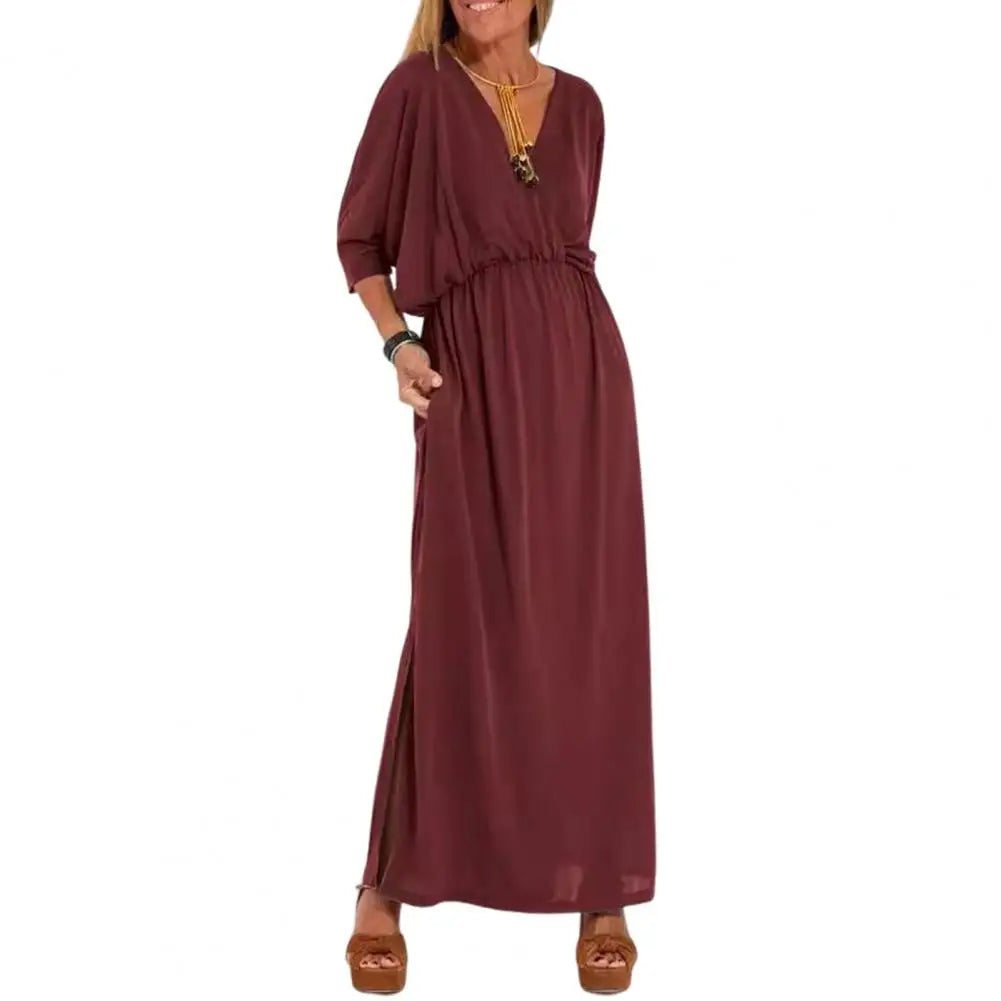 V-Neck Batwing Sleeve Elastic Waist Pocket Maxi Dress 5