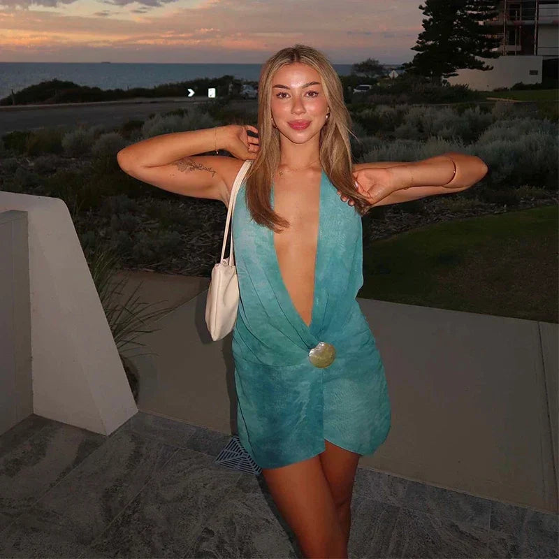 Halter Neck Deep V-Neck Backless Knot Front Mini Dress - View 10