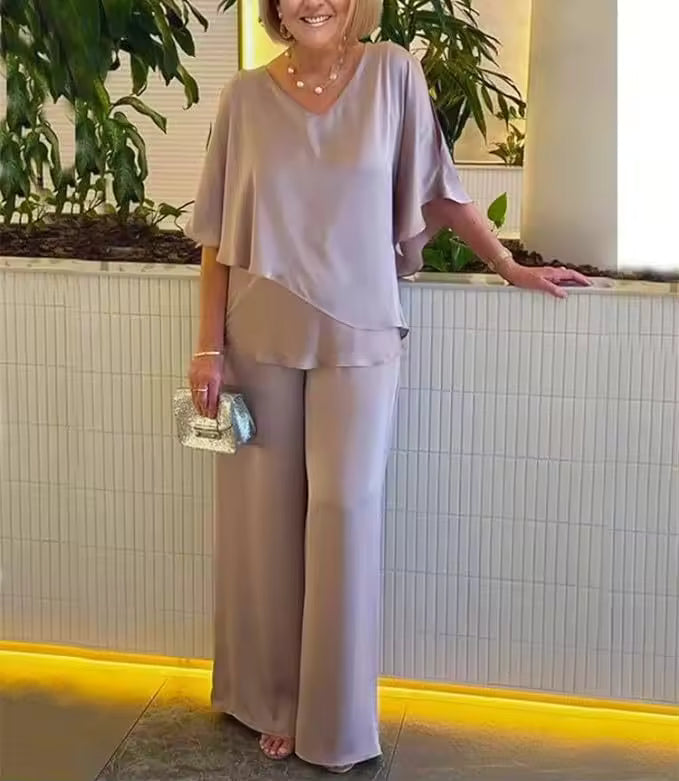 V-Neck Cape Overlay Top and Wide Leg Pants Two Piece Set 4
