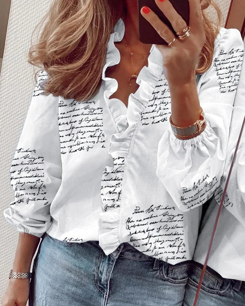 Ruffle Trim V-Neck Long Sleeve Blouse 6