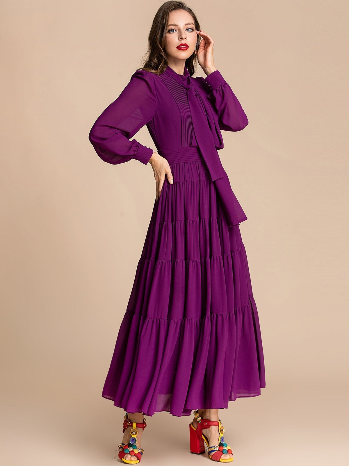Tie Neck Long Sleeve Pintuck Tiered Maxi Dress 5