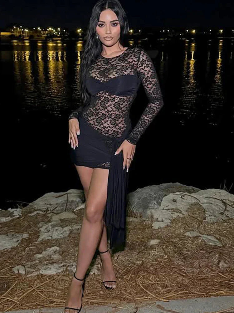 Floral Lace Overlay Tie Front Long Sleeve Bandage Mini Dress - View 3